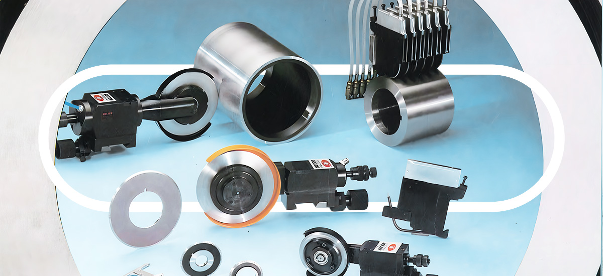 various slitting products from Intertech Precision including circular knives, shear cut knives, and pneumatic knife holders