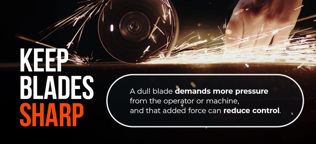 slitting knife with sparks flying and text that reads "Keep Blades Sharp"