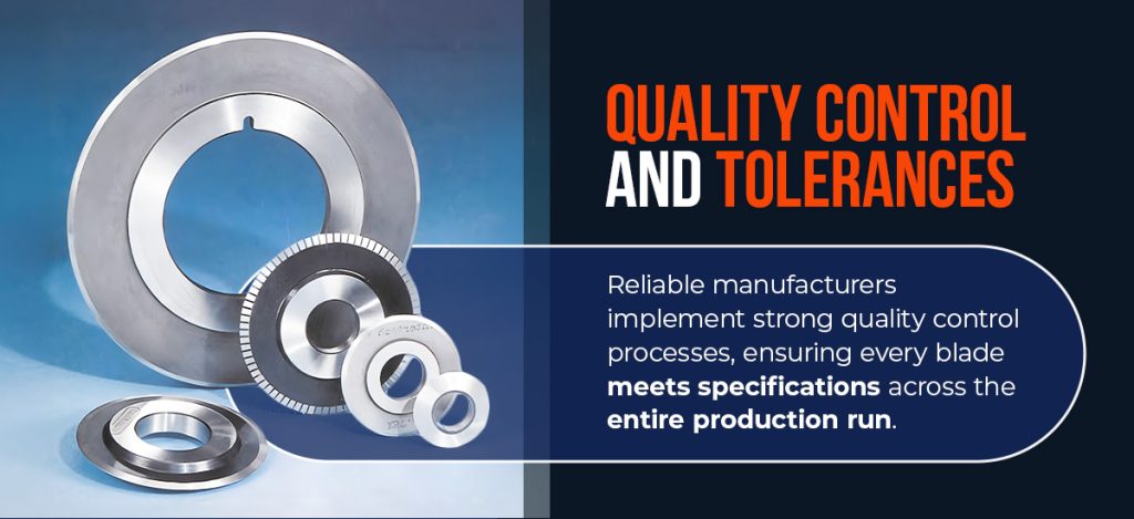 circular knife blades with text about quality control and tolerances