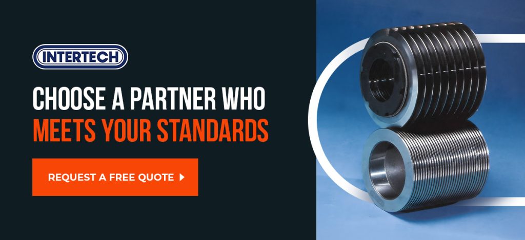 Intertech Shear Cut Knives with text that reads "Choose a Partner Who Meets Your Standards" and an orange call-to-action button to "Request a Free Quote"