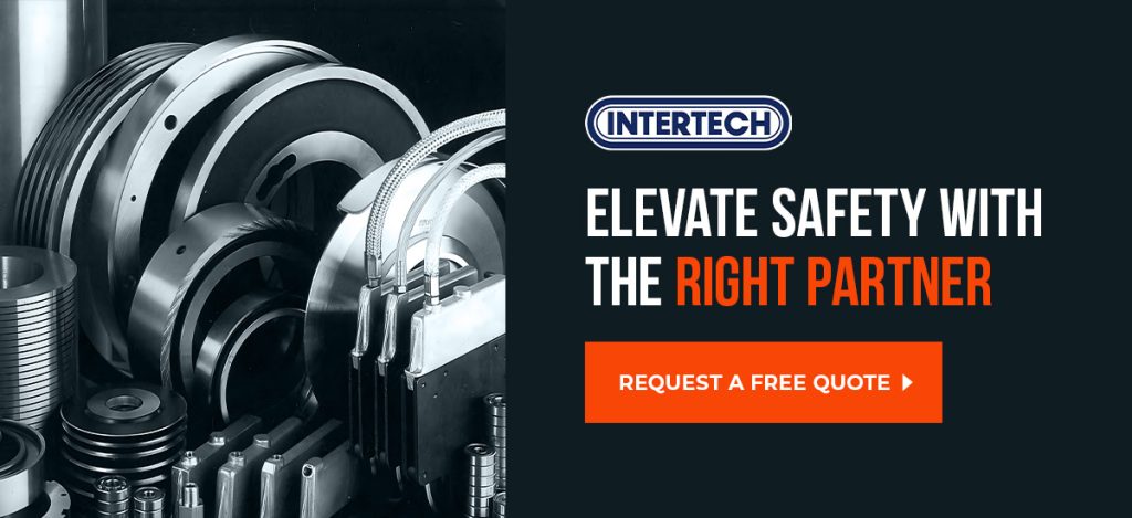 Graphic showing Intertech slitting products with text that reads "Elevate Safety with the Right Partner" and an orange call-to-action button to "Request a Free Quote"
