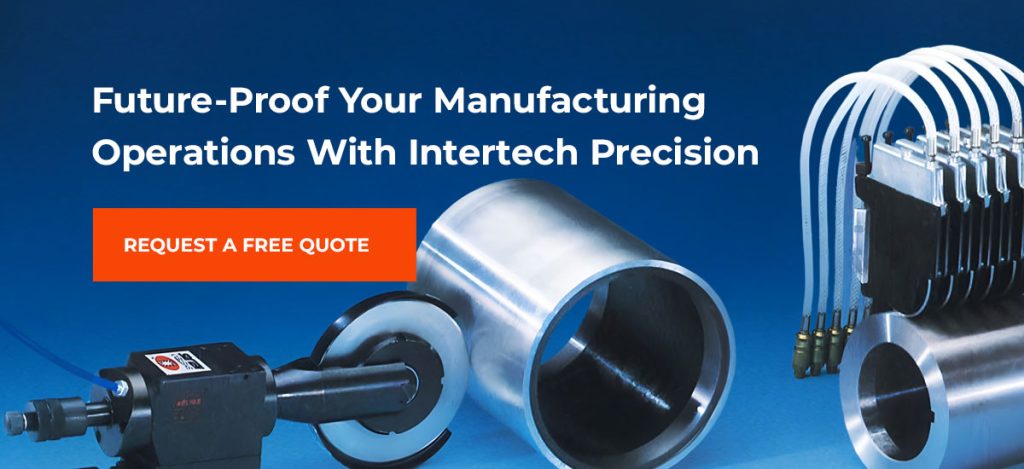 graphic with three different slitting products and text that reads "Future-Proof Your Manufacturing Operations with Intertech Precision" and an orange call-to-action button to Request a Quote