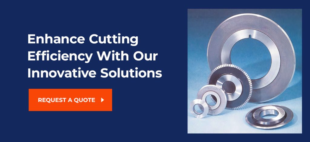 various sizes of circular knives with a call to action to enhance cutting efficiency with Intertech Precision's innovative solutions by requesting a quote